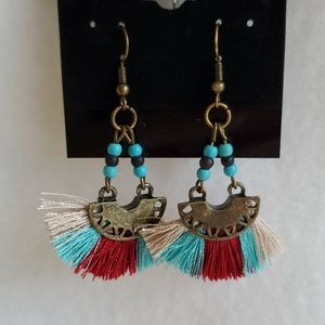 Womens western red & blue tassel hook earrings